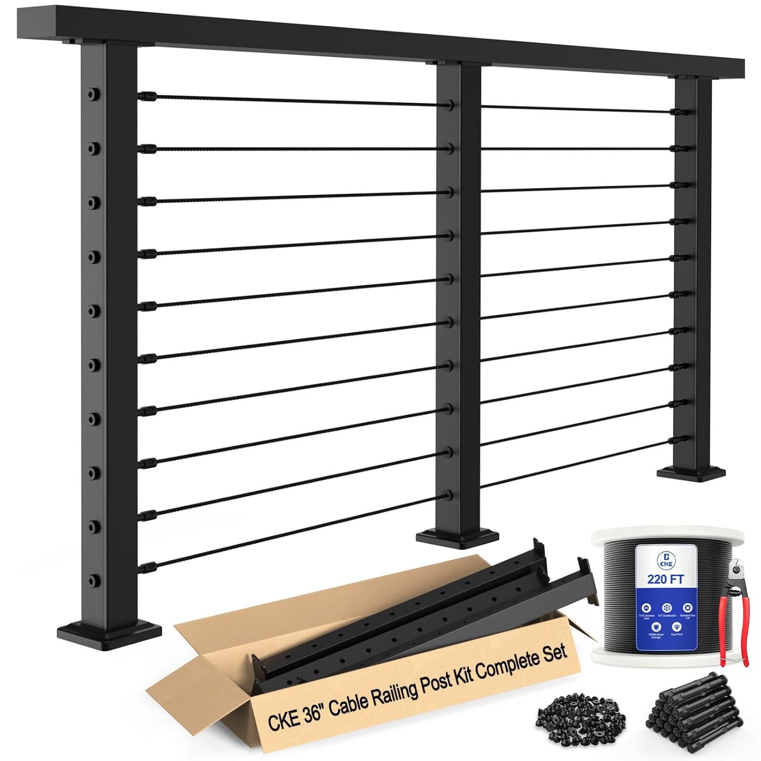 CKE 10Ft-15Ft Complete Set 36" Cable Railing Post Kit, 3Pack Black Level Drilled gallery
