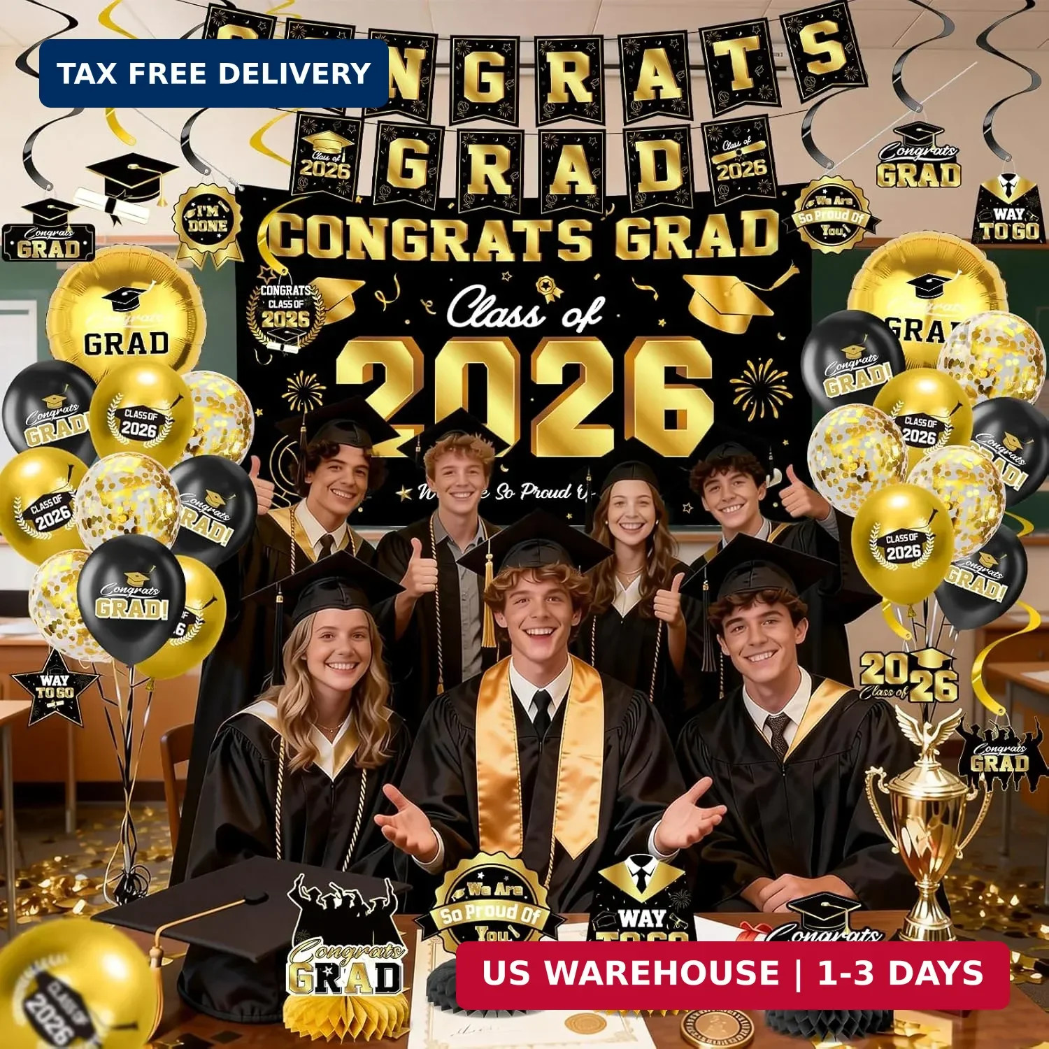 Graduation Decorations 2026-Black and Gold Graduation Party Decorations Supplies gallery