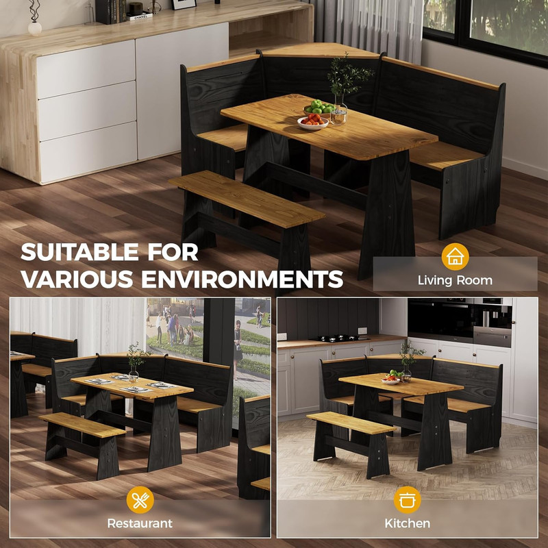 Solid Wood Corner Dining Table Set L Shape Bench Kitchen Nook 4-6 gallery