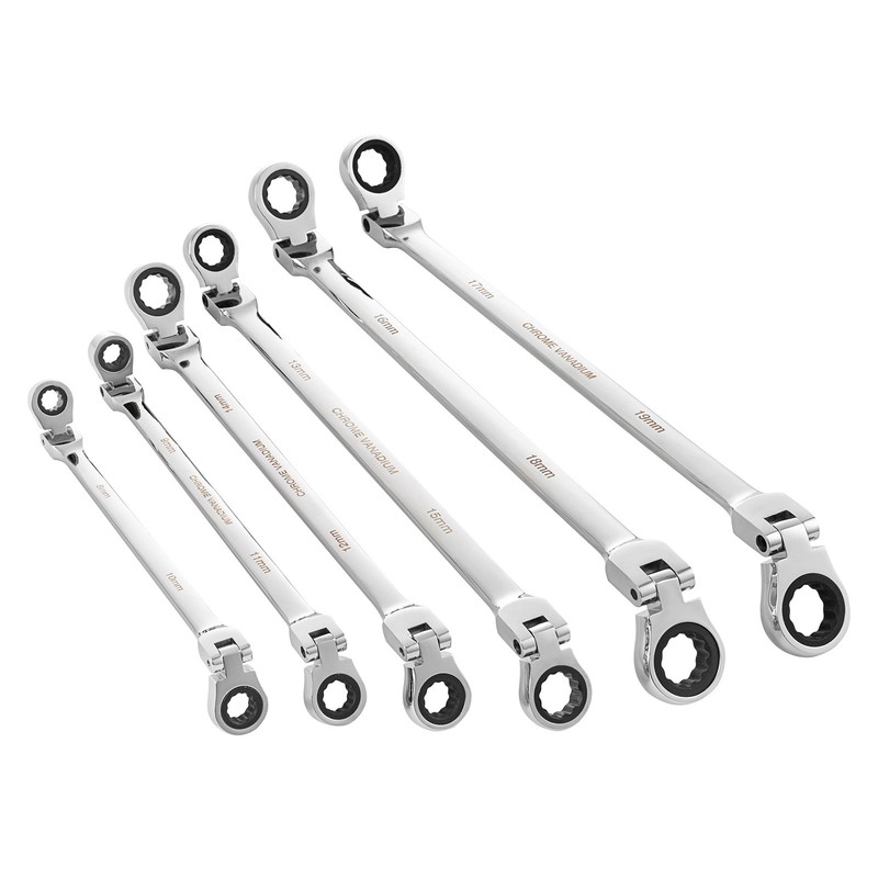 6PC Extra Long Flex Head Ratcheting Wrench set Double Box End Metric 8-19 Pouch gallery