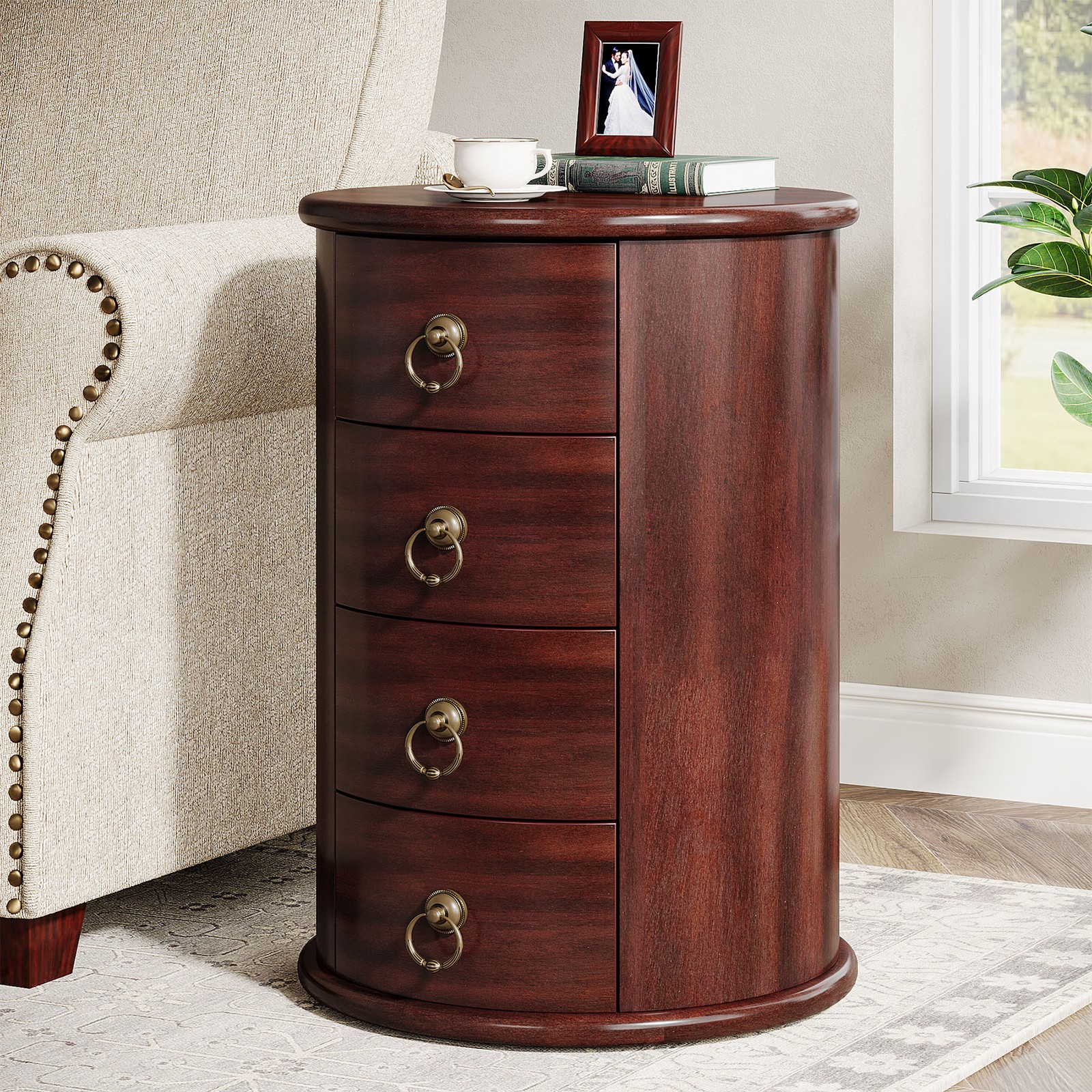 Solid Wood End Table, Round Side Table with 4 Drawers, No Assembly Required gallery
