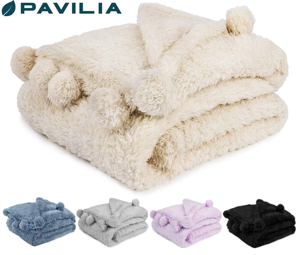 Soft Fuzzy Cozy Pom Pom Throw Blanket with Fluffy Sherpa Fleece for Sofa Couch gallery