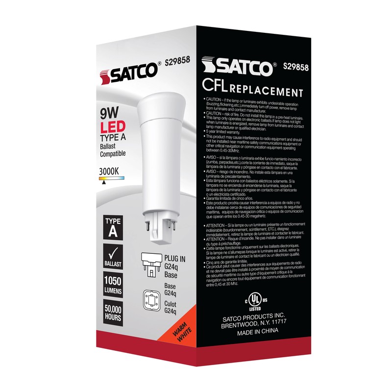 Satco S29858 LED CFL PL Replacement Vertical Bulb 9W 4-Pin G24q 3000K Warm White gallery