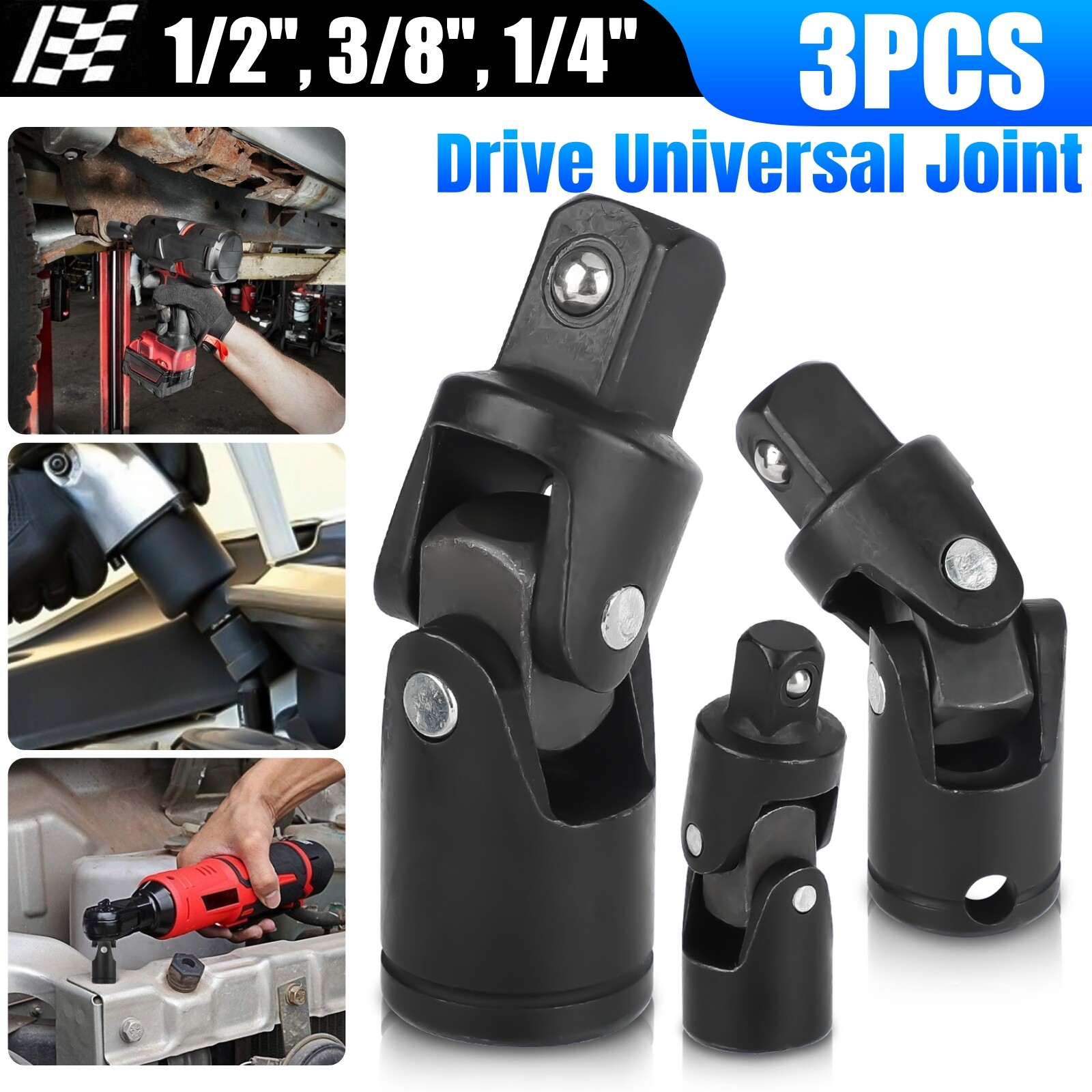 3Pcs Impact Universal Joint Socket Swivel Set 1/4" 3/8" 1/2" Drive Sockets Tool gallery
