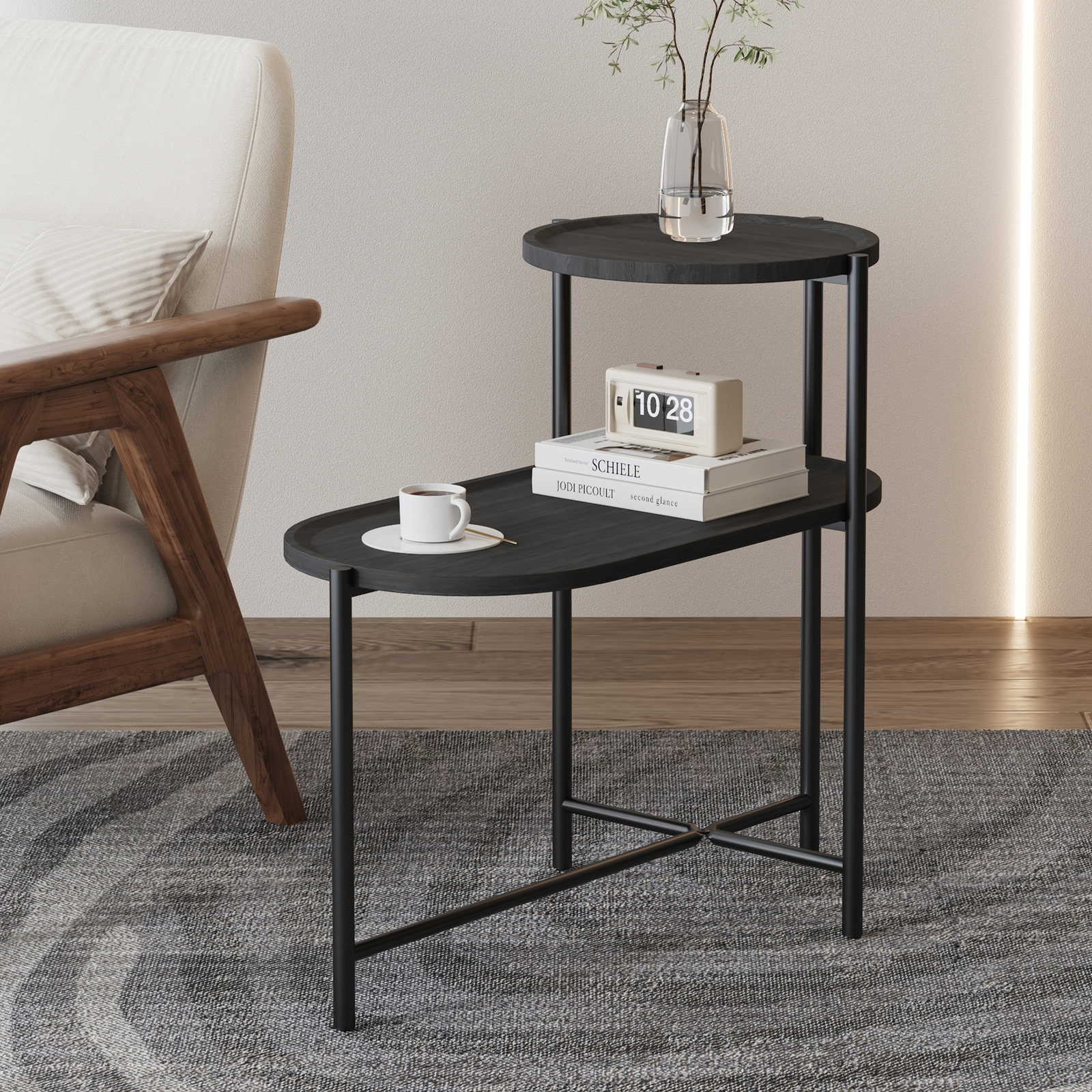 2 Tier End Table Metal MDF Side Table Accent Sofa Coffee Table Living Room Black gallery