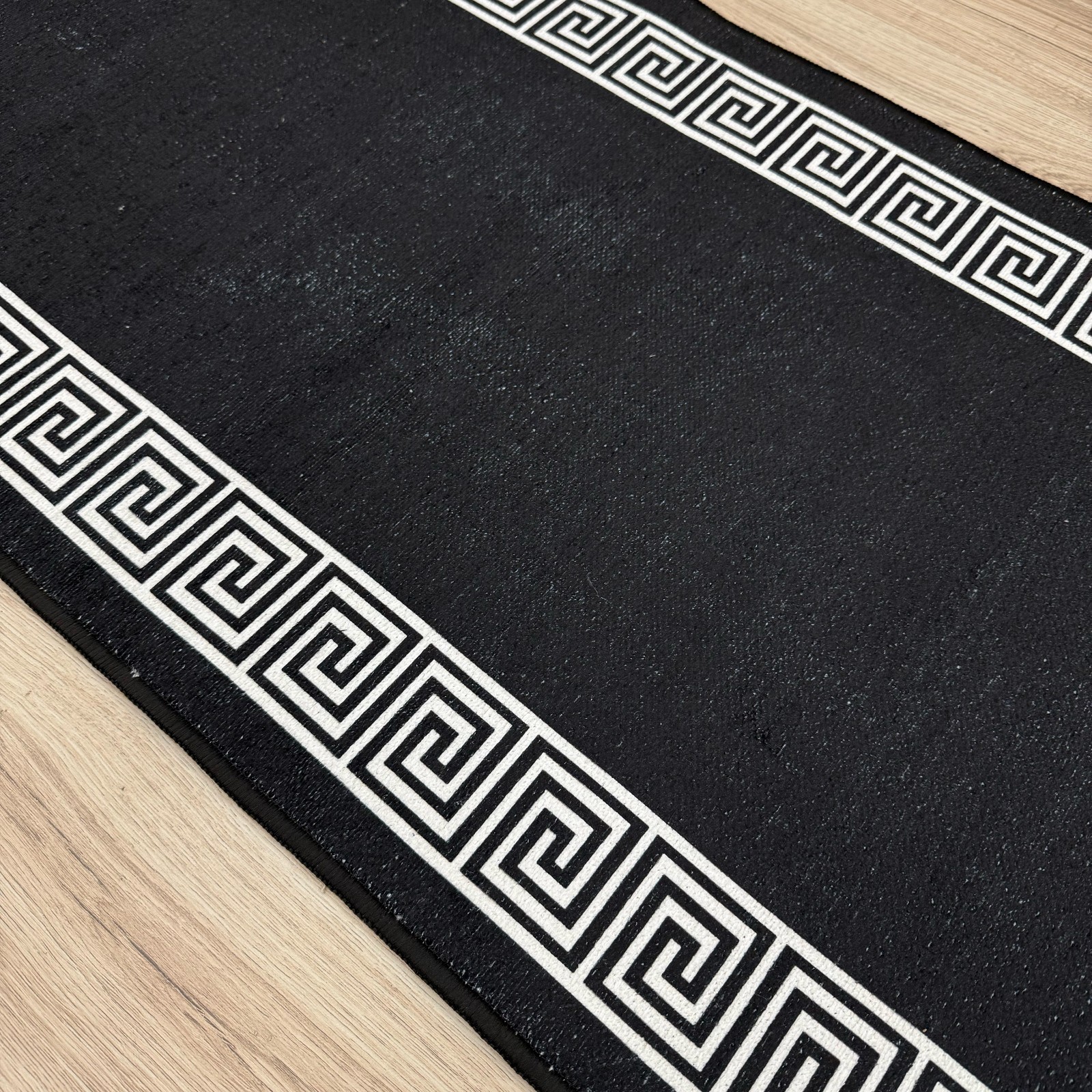 Non Slip Meander Bordered Black Design Low Pile Rug Runner with Wide Options gallery