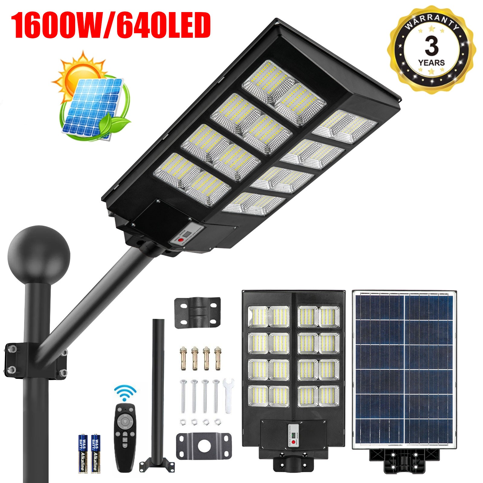 Outdoor Commercial 2000W LED Solar Street Light IP67 Dusk-to-Dawn Road Lamp US gallery