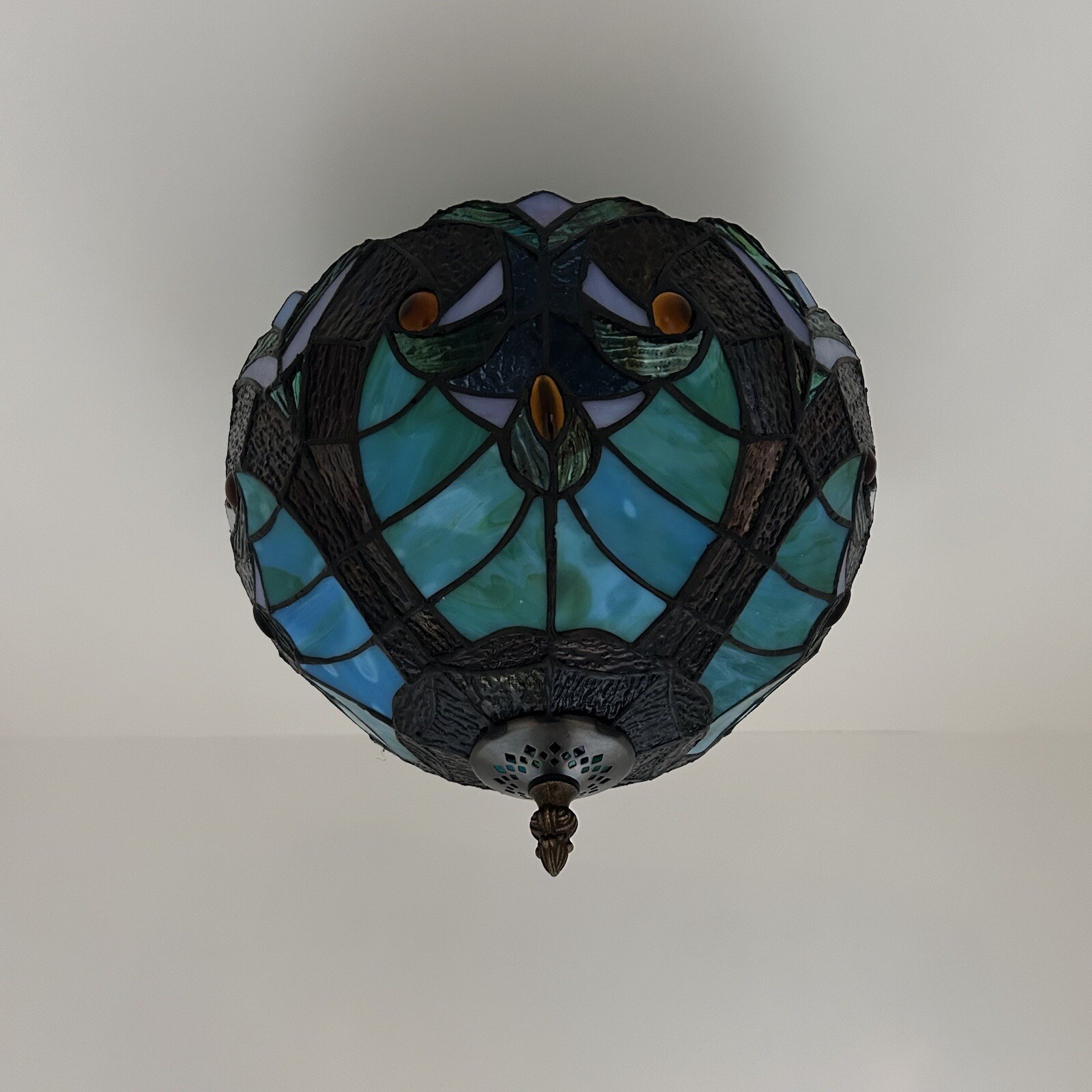 Tiffany Style Ceiling Light Fixture Green Brown Stained Glass LED Bulbs 12"H12"W gallery
