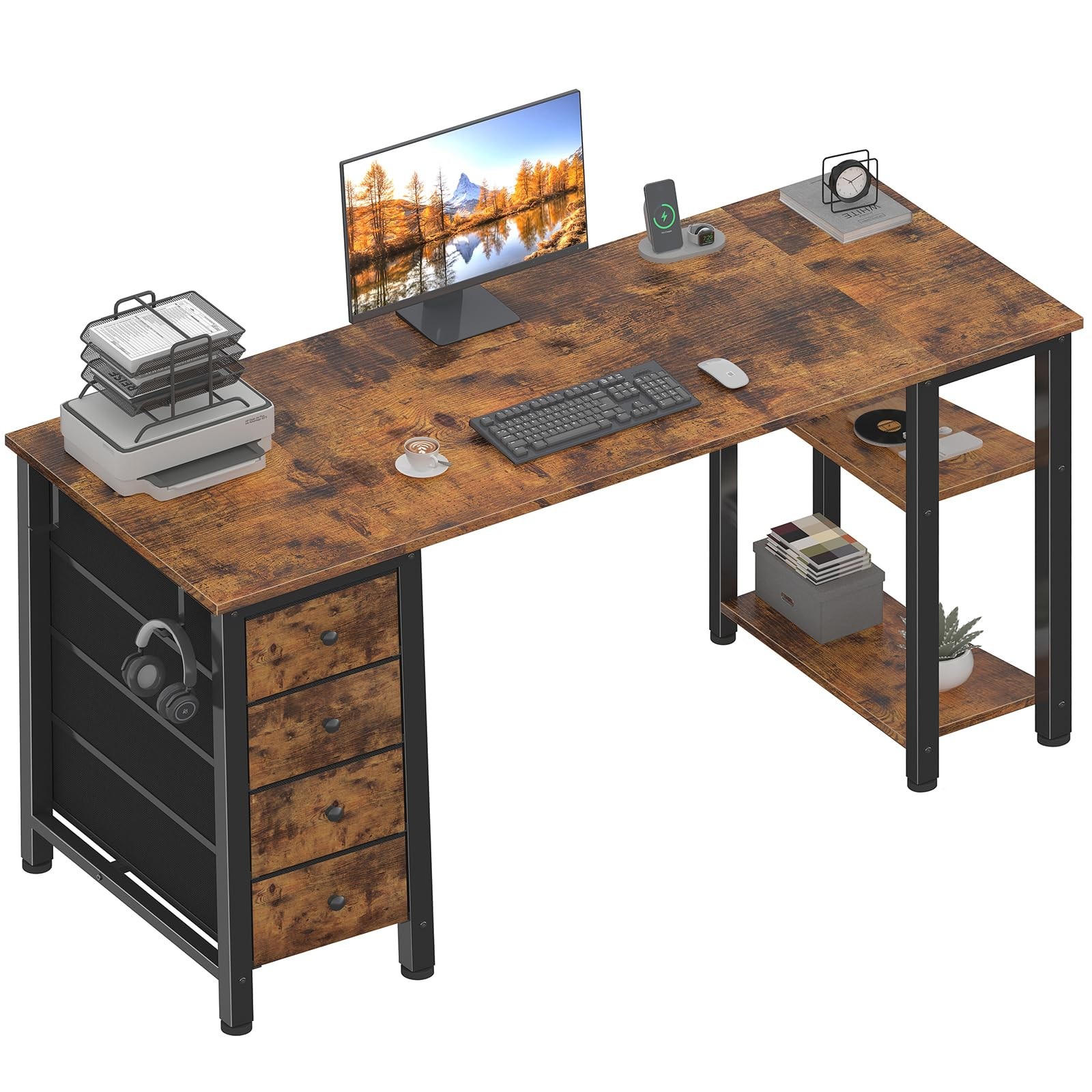 63 inch Computer Desk with 4 Fabric Drawers & Storage Shelves, Writing Work S... gallery