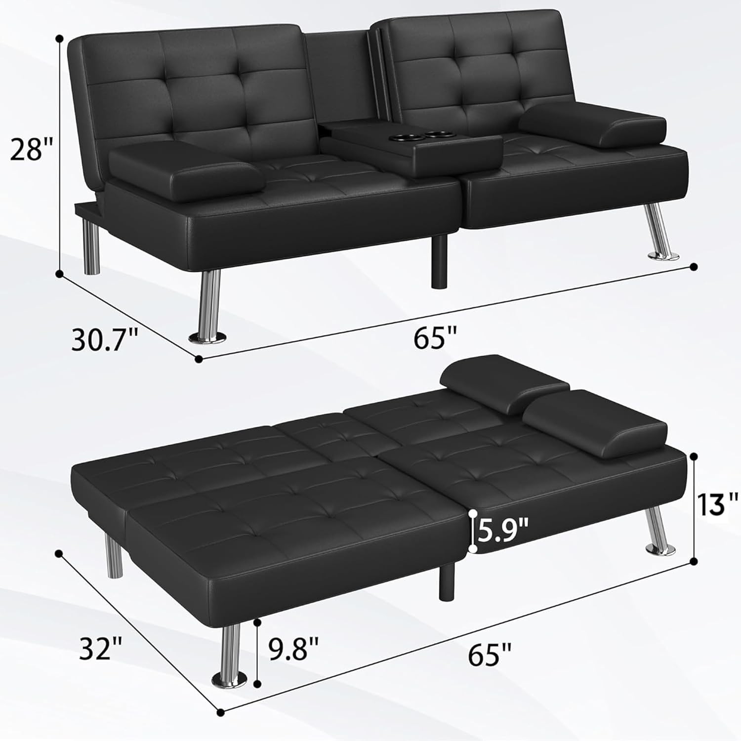 Flamaker Futon Sofa Bed Folding Convertible with 2 Cup Holders Black gallery