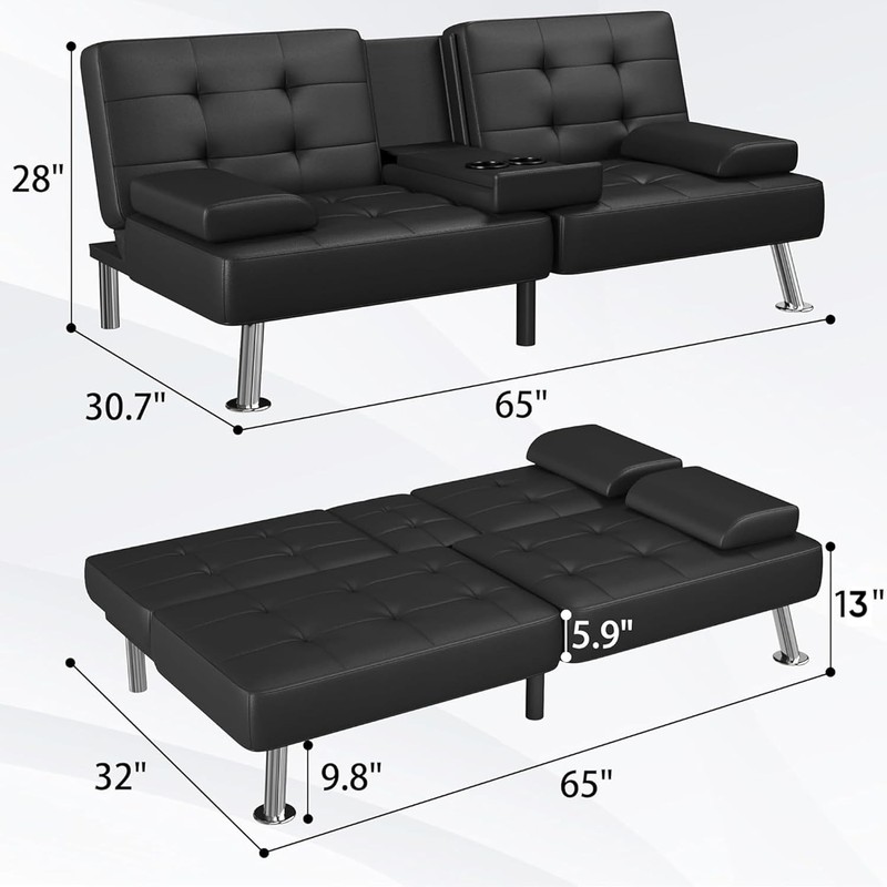 Flamaker Futon Sofa Bed Folding Convertible with 2 Cup Holders Black gallery
