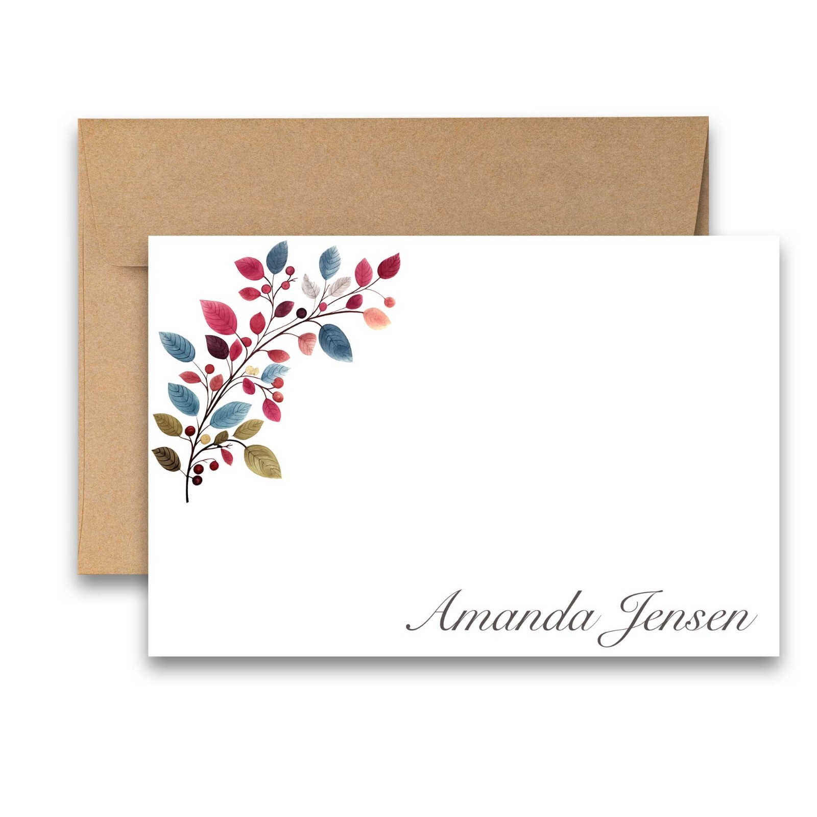 PERSONALIZED - 12 Flat Note cards Floral Stationery with Envelopes - Leaves gallery