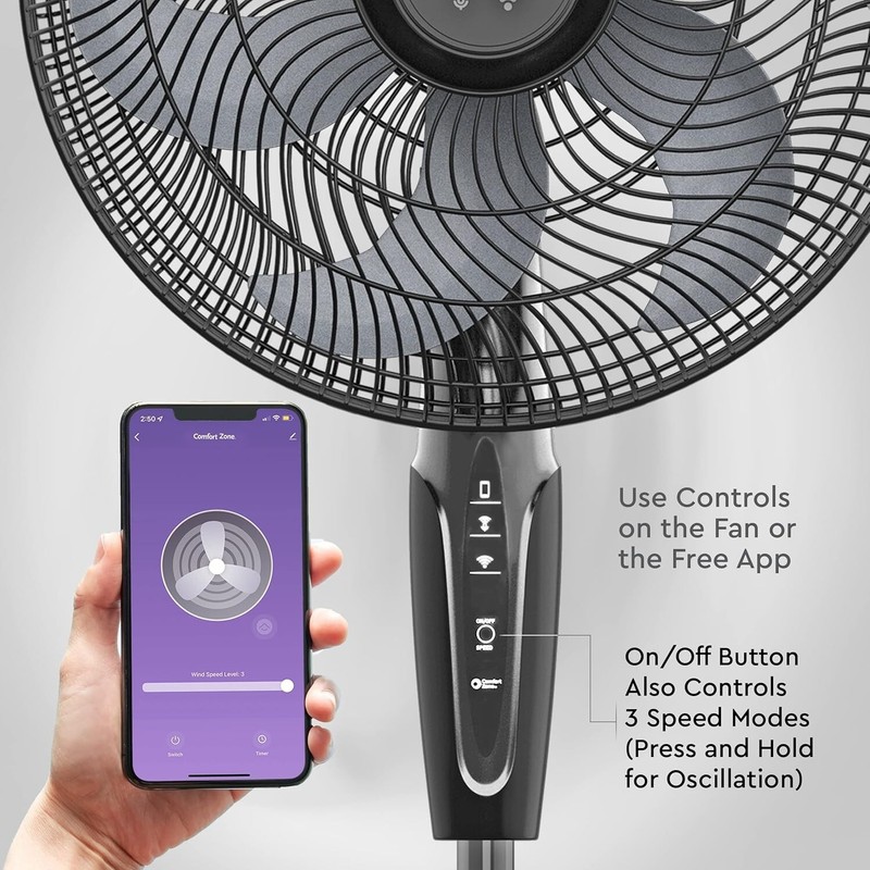 Comfort Zone 18" Smart Wi-Fi Oscillating Pedestal Stand Fan with Timer gallery