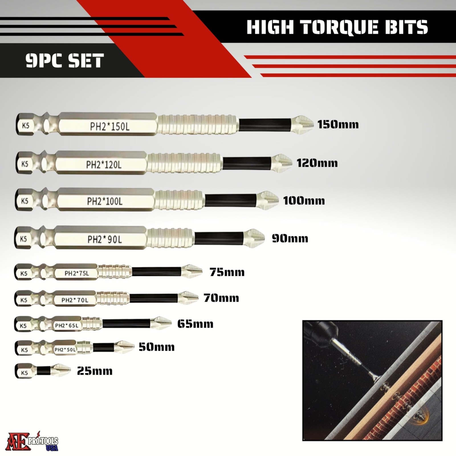 9 PC Anti-Slip Magnetic Screwdriver Drill Bit Set | K5 Alloy Steel Impact Drills gallery