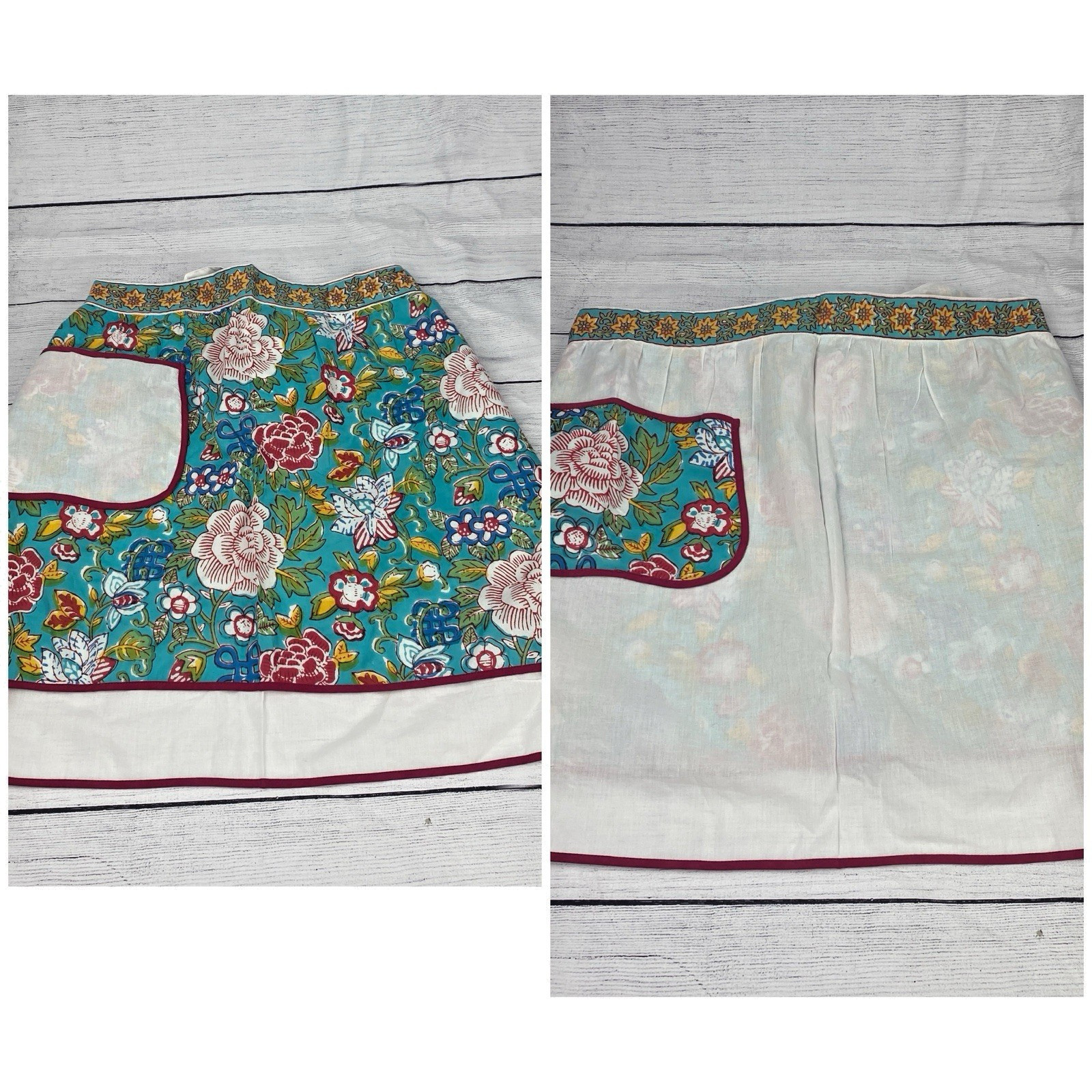 Reversible 1/2 Apron 2 Layer Cotton Solid & Floral Print Pocket Tie Back Cottage gallery