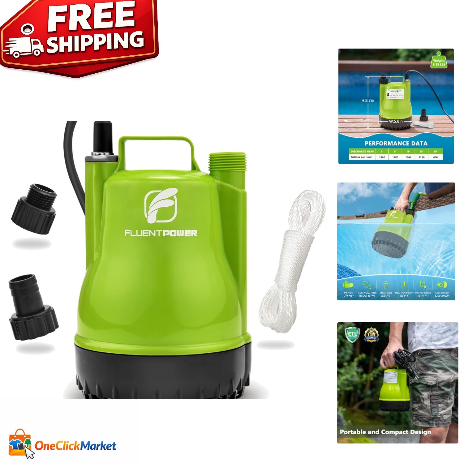 Compact Lightweight 1/4HP Utility Pump - 16.4ft Cord, Easy Manual Control gallery