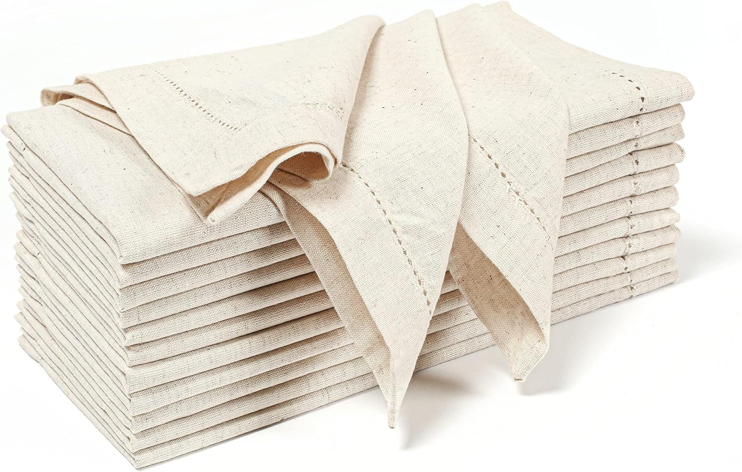 Flax Hemstitchend Cloth Dinner Napkin Set of 12 Natural 20X20 Inches, Premium Co gallery