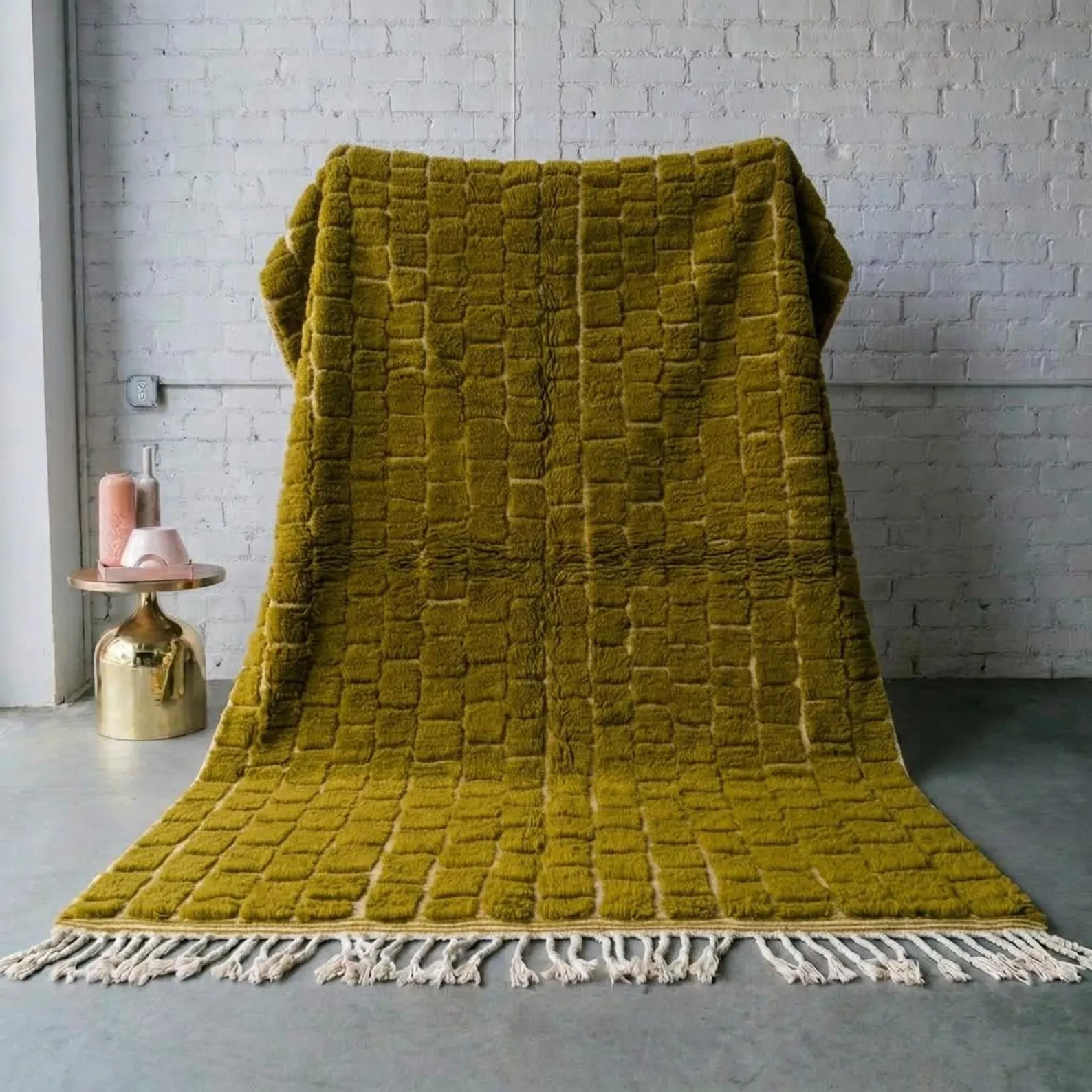 Moroccan Rug Olive Chartreuse Raised Check Squares | Handmade Wool Berber Carpet gallery