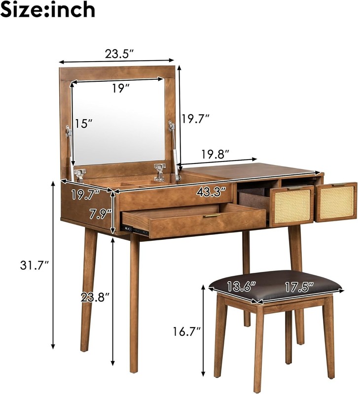 Modern Vanity Set Mirror w/ Stool Makeup Dressing Table Rattan Drawers Storage gallery