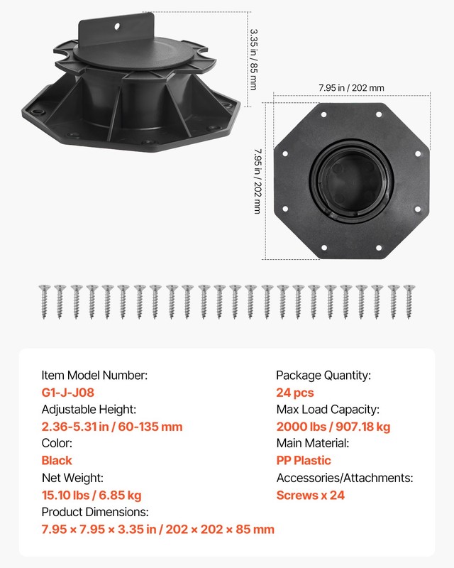 VEVOR 24 Pack Deck Support Pedestal Deck Foundation Base Adjustable 2.36"-5.31" gallery