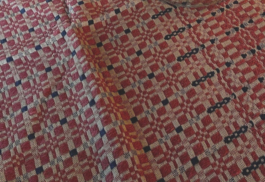 NEW Primitive TABLE SQUARE RED BLUE TAN WOVEN 34"x34" FREEPORT Farmhouse Rustic