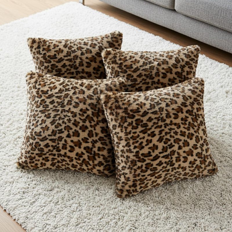 Faylapa 4 Pack Soft Plush Leopard Print Pillow Covers,Animal Theme Print Faux Fu gallery