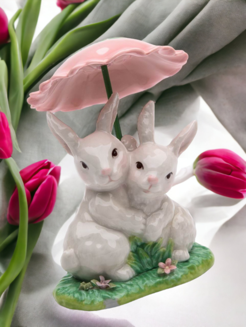 Ceramic Bunny Rabbits Sharing a Flower Umbrella, Home Décor, Gift for Her, Gift gallery