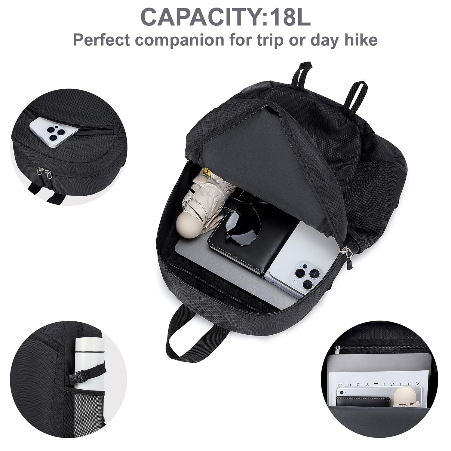 Lightweight Packable Foldable Travel Backpack WaterResistant Hiking Black 4