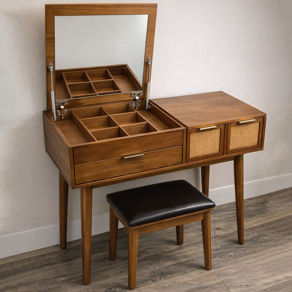 Modern Vanity Set Mirror w/ Stool Makeup Dressing Table Rattan Drawers Storage
