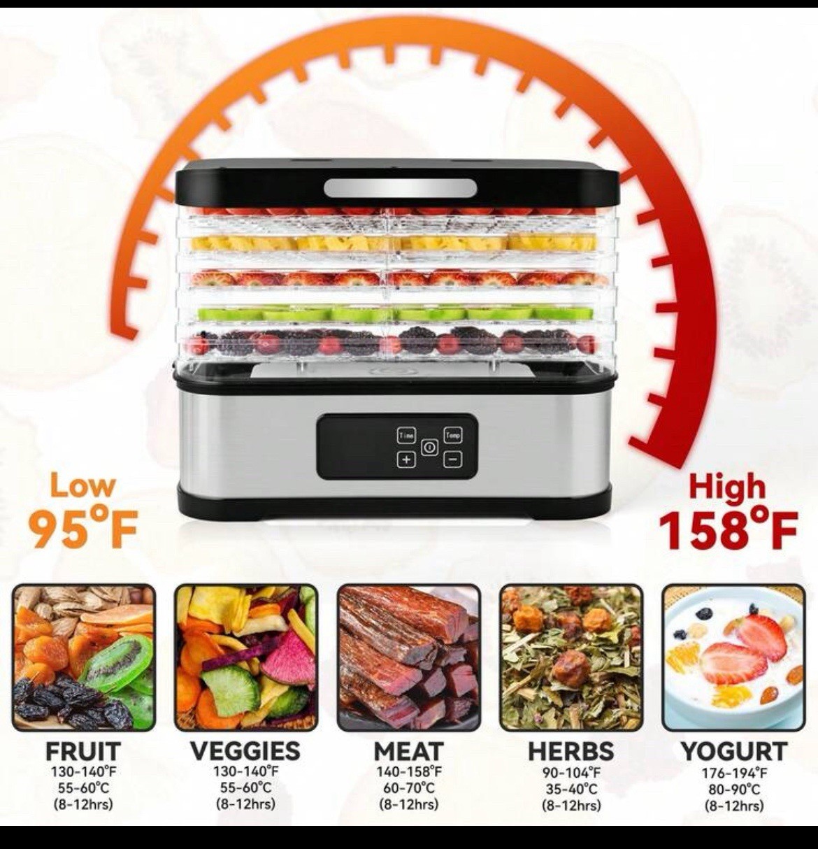 Adjustable Height 5-Tray Food Dehydrator 240W Digital Timer Temperature Control gallery