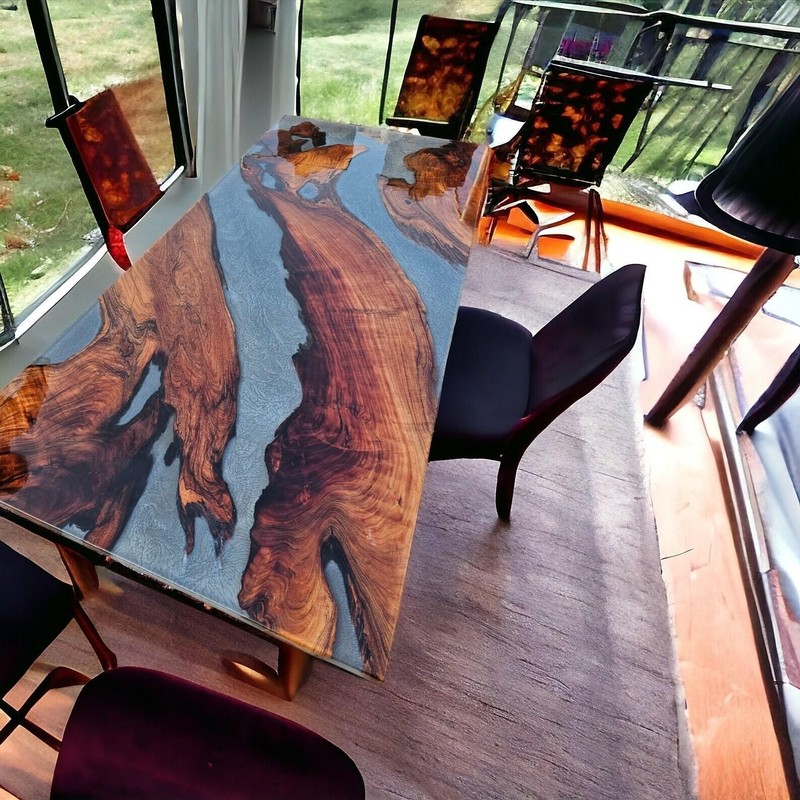 Dark Walnut Gray Epoxy River Table Top Live Edge Dining gallery