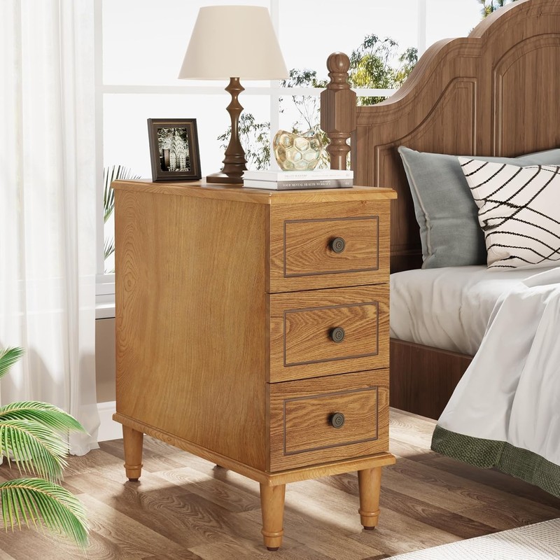 Solid Wood End Table, Fully Assembled Narrow Slim Side Table with 3 Drawers gallery