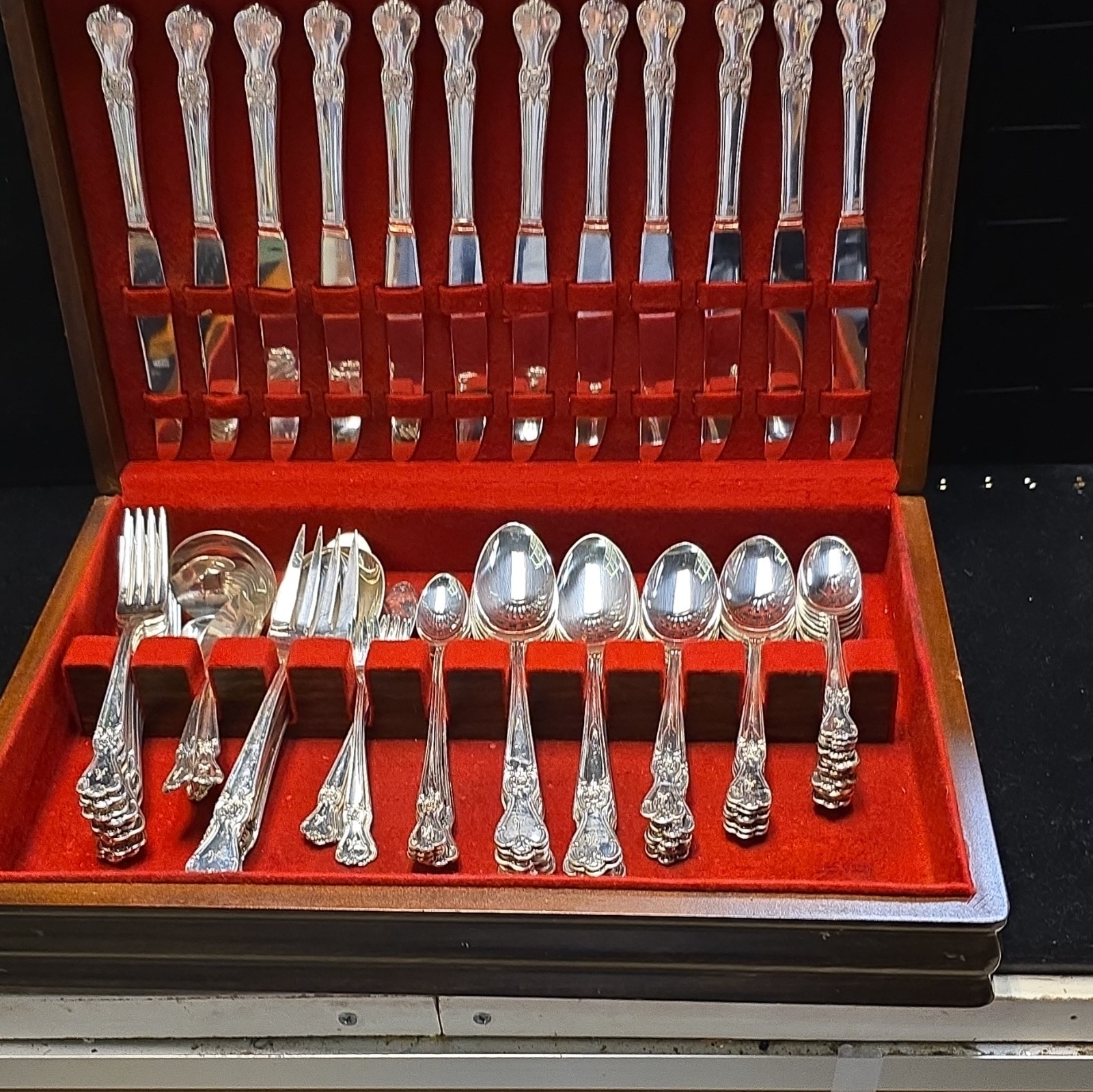 24pc Silver Floral Engraved Flatware Set w/ Medium Brown Wood Case, Service 12 gallery