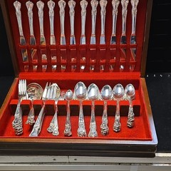 24pc Silver Floral Engraved Flatware Set w/ Medium Brown Wood Case, Service 12