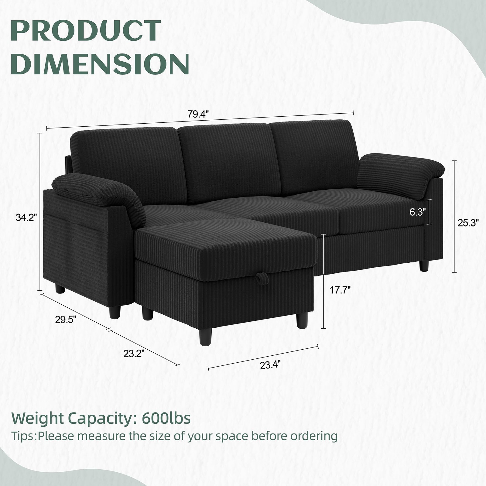 Vongrasig 79" Convertible Sectional Couch Sofa with Storage Ottoman, 3 Black gallery