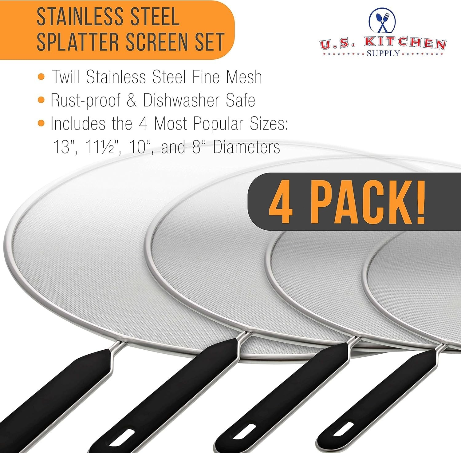 4-Piece Stainless Steel Splatter Guard Set (13", 11.5", 10",8”) Fine Mesh Cover, gallery