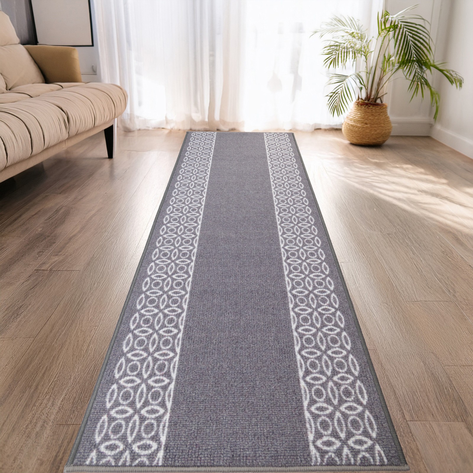Custom Size Anti-Slip Low Profile Chain Border Gray Runner Rug gallery