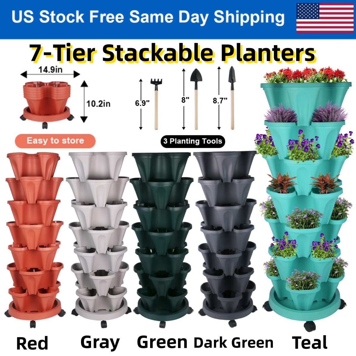 7-Tier Stackable Planters Vertical Planter Garden Flower Pot w/ 4 Wheels & Tools gallery
