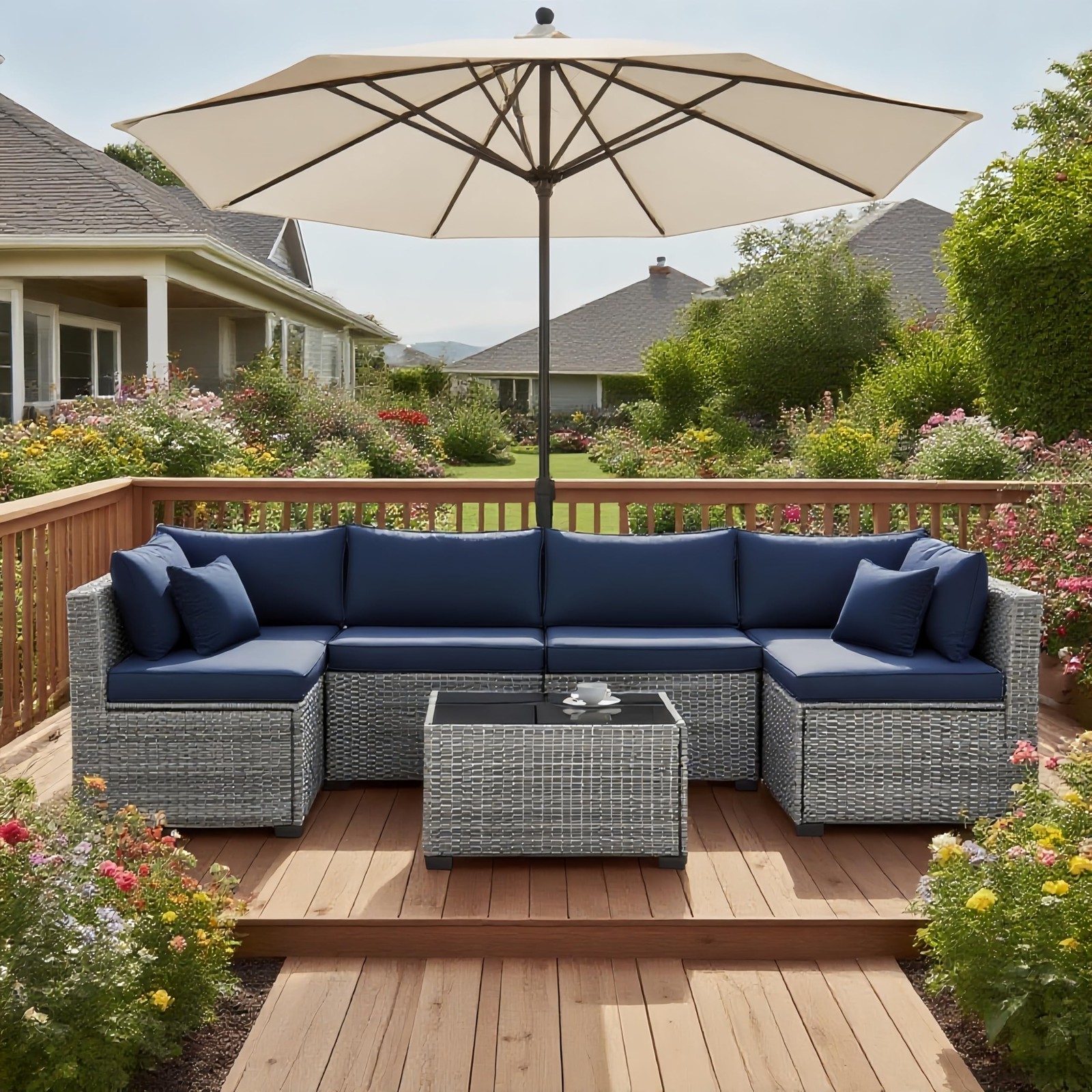 MOCHITO 7-Piece Outdoor Rattan Sectional Sofa Patio Furniture Set Navy Blue gallery