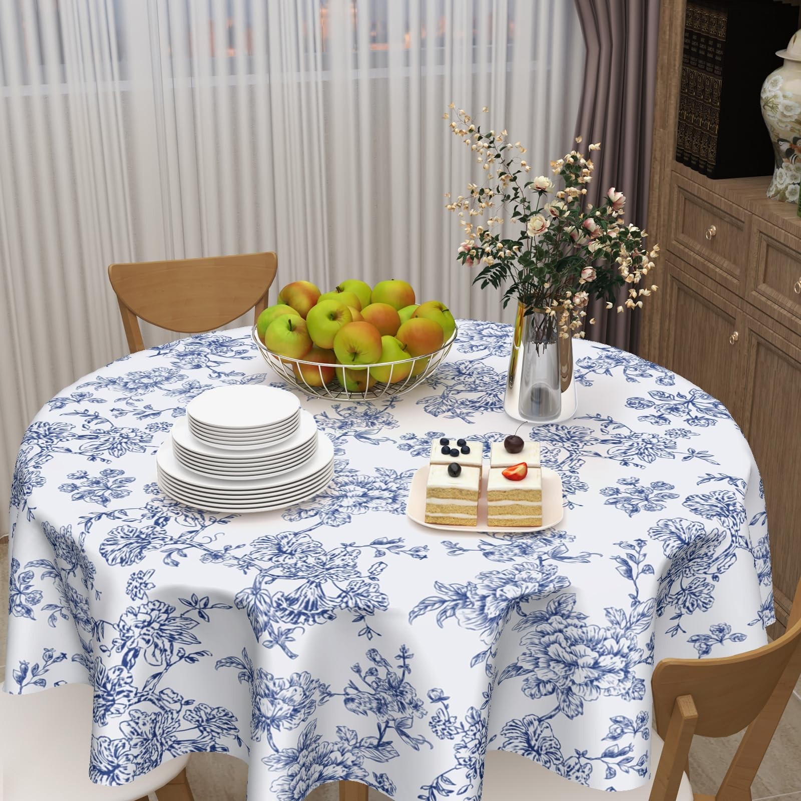 Floral Round Tablecloth 60" Blue & White Vintage Rustic Farmhouse Decor - Party gallery