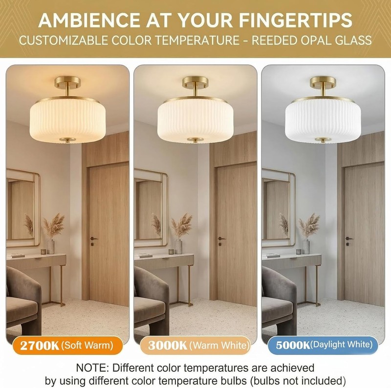 3-Light Gold Semi Flush Mount Ceiling Light 11.8" Fixture Ribbed Glass Shade gallery