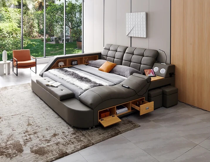 Multifunction Storage bed with bluetooth speaker, massage lounge Italian leather gallery
