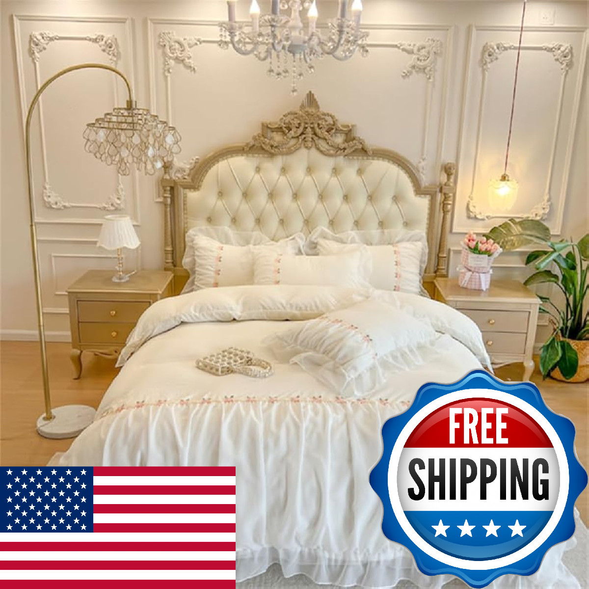 Moowoo Chic Ruffle Lace Queen Duvet Cover Set-Princess Girl Bedding-3 Piece gallery