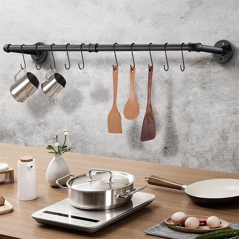 2pcs Wall Mount Pipe Clothes Rack Heavy Duty Black Garment Hanging Bar 4pcs Hook gallery
