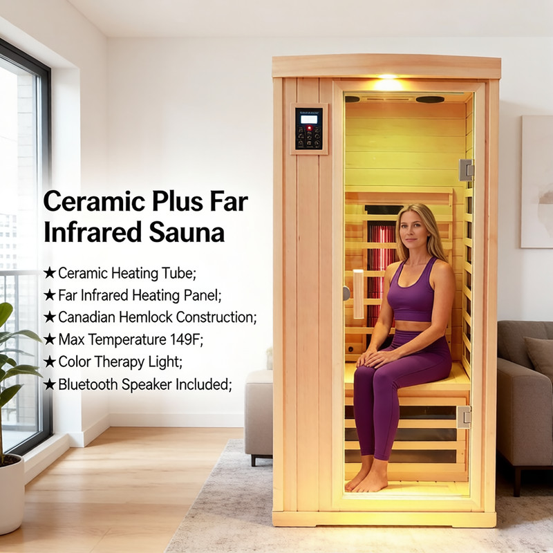Far Infrared Sauna plus Ceramic Heating Tube Max 149F Hemlock for 1Person 1300W gallery