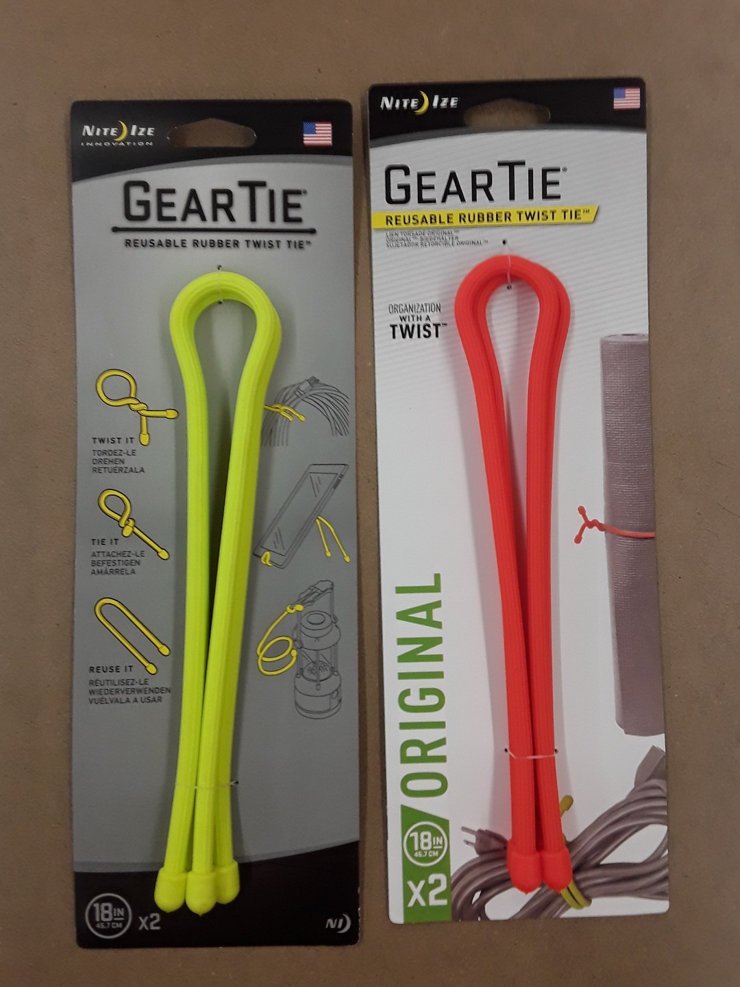 NITE IZE GEAR TIE REUSABLE RUBBER TWIST TIE 18 INCH 2-PACK ORANGE OR YELLOW gallery