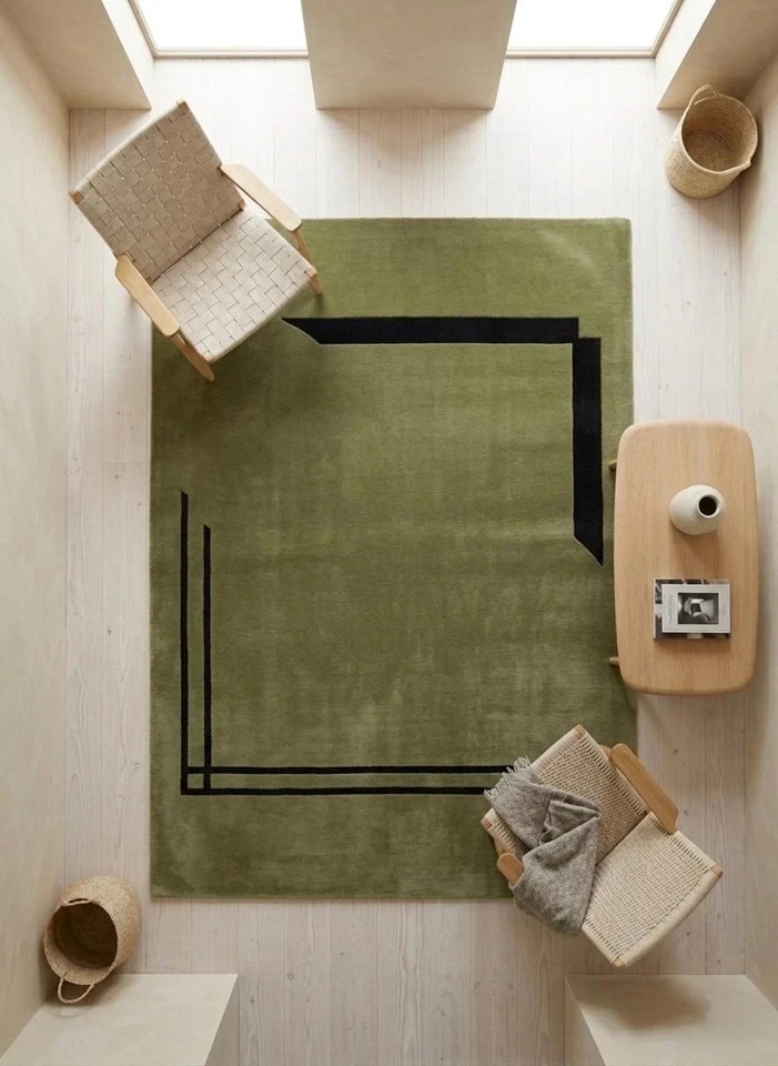 Hand Tufted Wool Area Rug Modern Minimalist Sage Olive Green Black Accent Carpet gallery