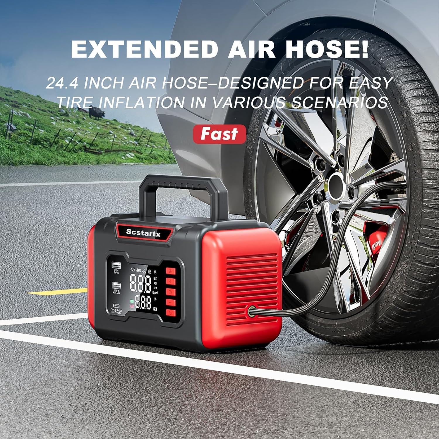 Portable Car Jump Starter Air Compressor, 4000A Peck 150 PSI Black and Red gallery