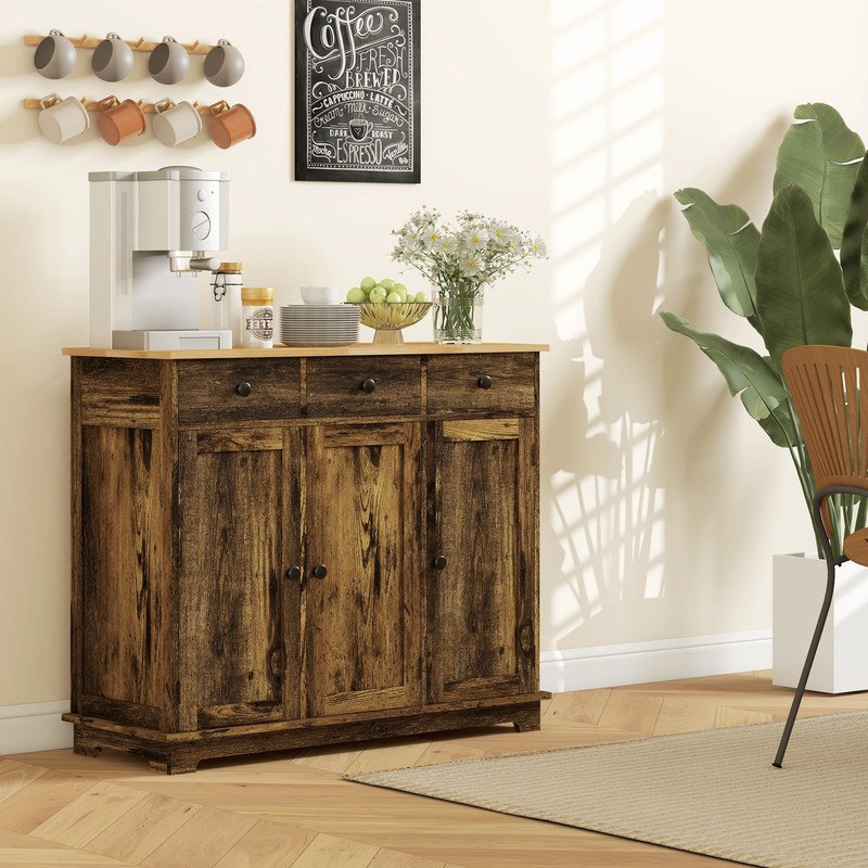 40" Rustic Sideboard Buffet Cabinet Sliding Doors 3 Drawers Brown Living Room gallery