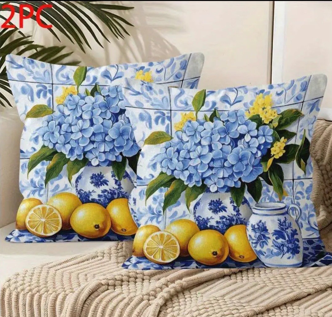 Blue Hydrangeas W/Yellow Lemons Throw Pillow Covers. (Set of 2.) 20 X20 $26.00 gallery